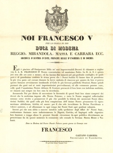 Un provvedimento di Francesco V d'Asburgo-Este, ultimo Duca di Modena, Reggio, Mirandola, Massa, Carrara e Guastalla